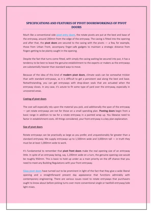 SPECIFICATIONS AND FEATURES OF PIVOT DOORSWORKINGS OF PIVOT DOORS