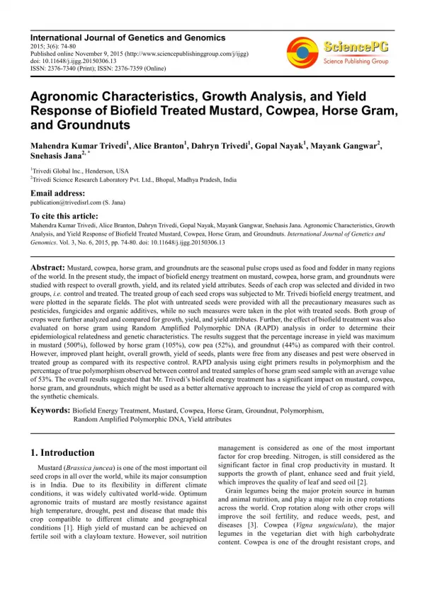 Trivedi Effect - Agronomic Characteristics, Growth Analysis, and Yield Response of Biofield Treated Mustard, Cowpea, Hor