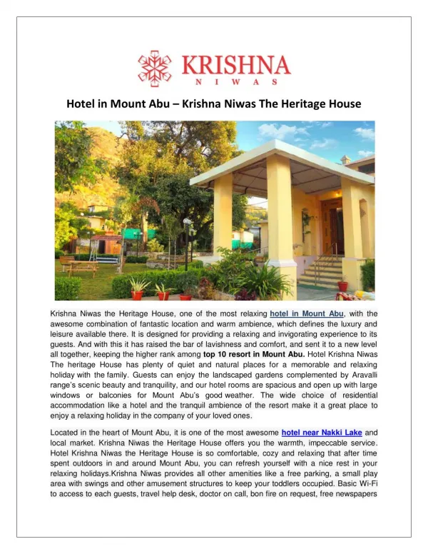 Hotel in Mount Abu - Krishna Niwas The Heritage House