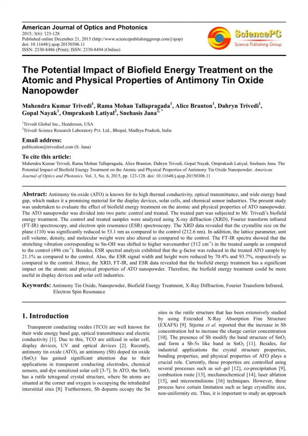 Trivadi Effect - The Potential Impact of Biofield Energy Treatment on the Atomic and Physical Properties of Antimony Tin