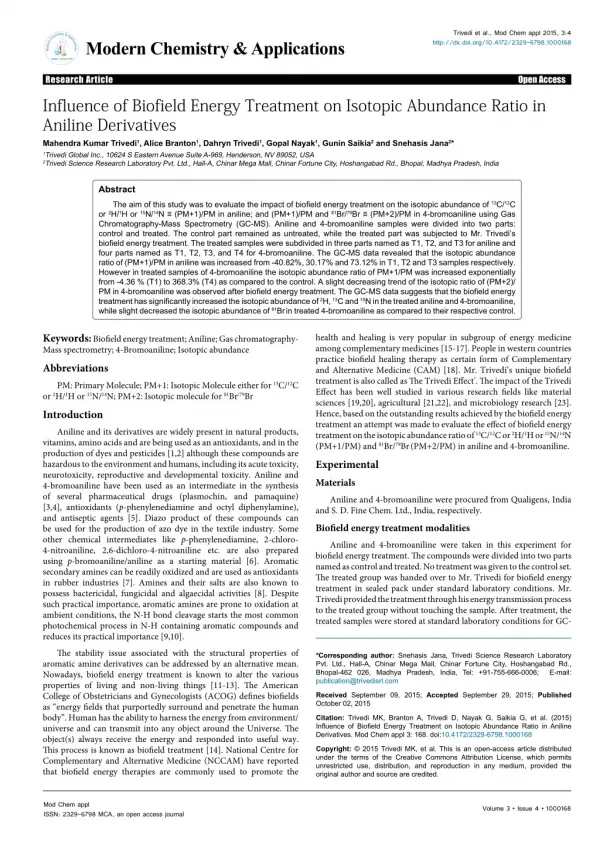 Trivedi Effect - Influence of Biofield Energy Treatment on Isotopic Abundance Ratio in Aniline Derivatives