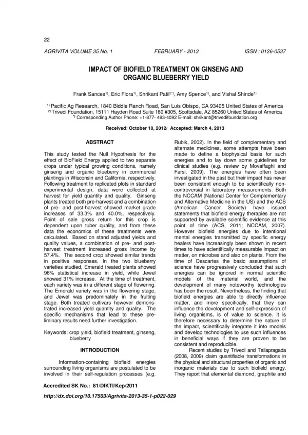 Trivedi Effect - Impact of biofield treatment on ginseng and organic blueberry yield