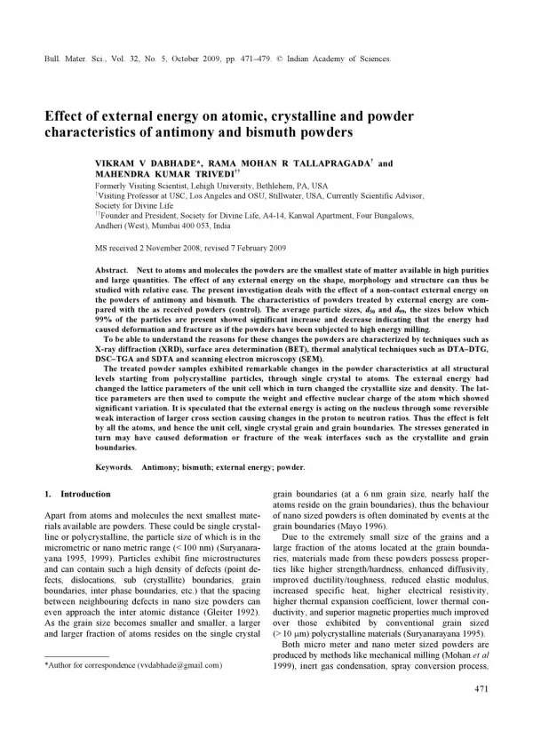 Trivedi Effect - Effect of external energy on atomic, crystalline and powder characteristics of antimony and bismuth pow