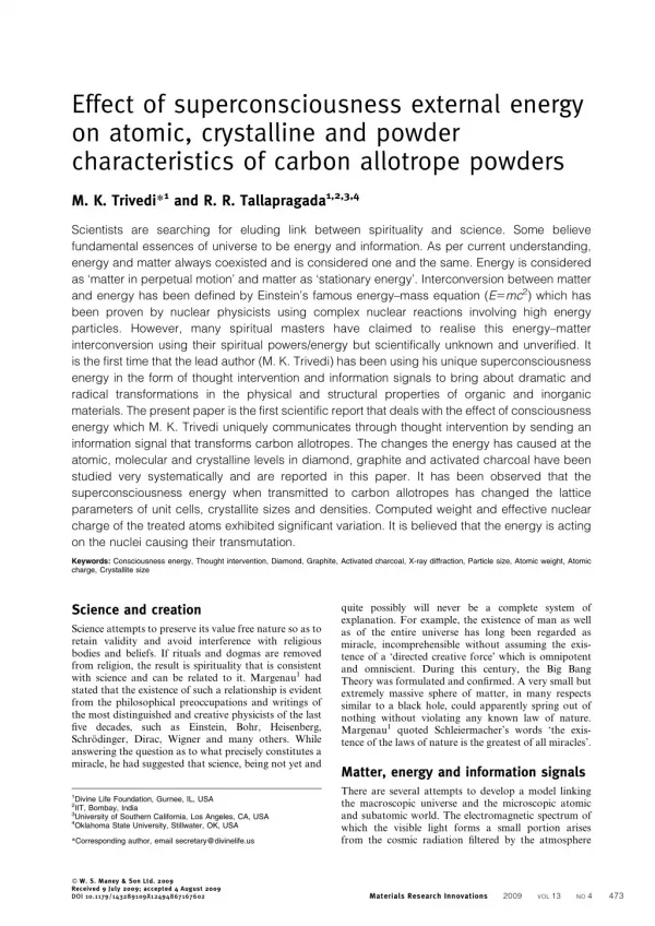 Trivedi Effect - Effect of superconsciousness external energy on atomic, crystalline and powder characteristics of carbo