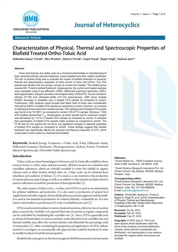 Triveda Effect - Characterization of Physical, Thermal and Spectroscopic Properties of Biofield Treated Ortho-Toluic Aci