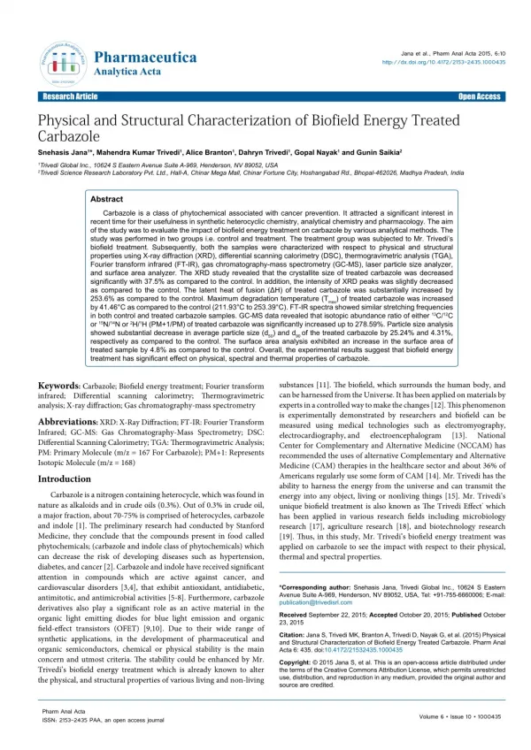 Trivedi Effect - Physical and Structural Characterization of Biofield Energy Treated Carbazole