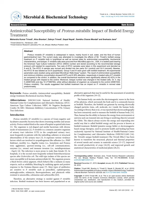 Trivedi Effect - Antimicrobial Susceptibility of Proteus mirabilis: Impact of Biofield Energy Treatment