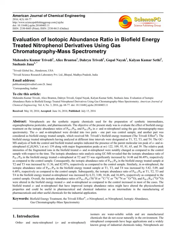 Trivedi Effect - Evaluation of Isotopic Abundance Ratio in Biofield Energy Treated Nitrophenol Derivatives Using Gas Chr