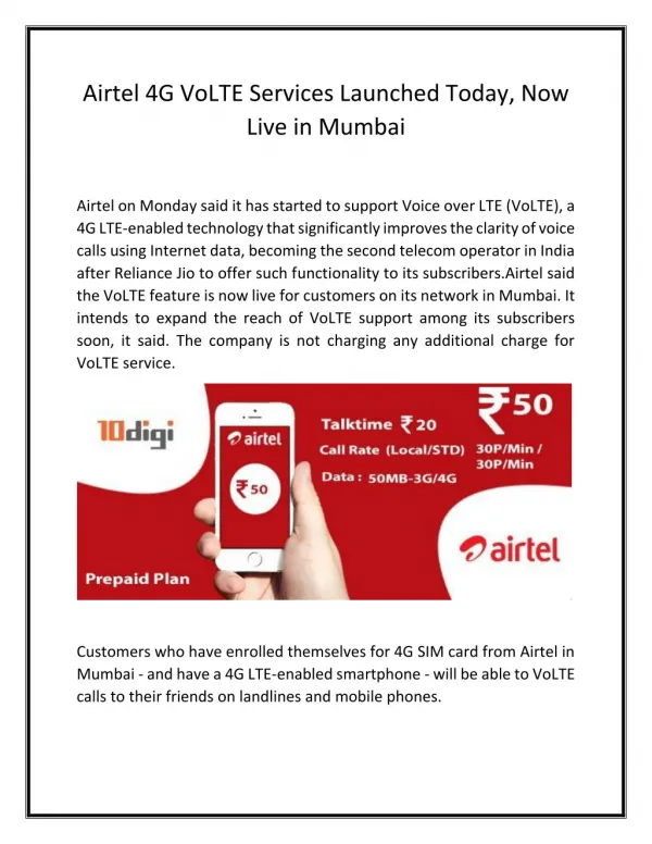 Airtel 4G VoLTE Services Launched Today, Now Live in Mumbai