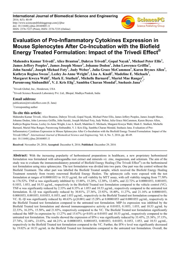 Trivedi Effect - Evaluation of Pro-Inflammatory Cytokines Expression in Mouse Splenocytes After Co-Incubation with the B