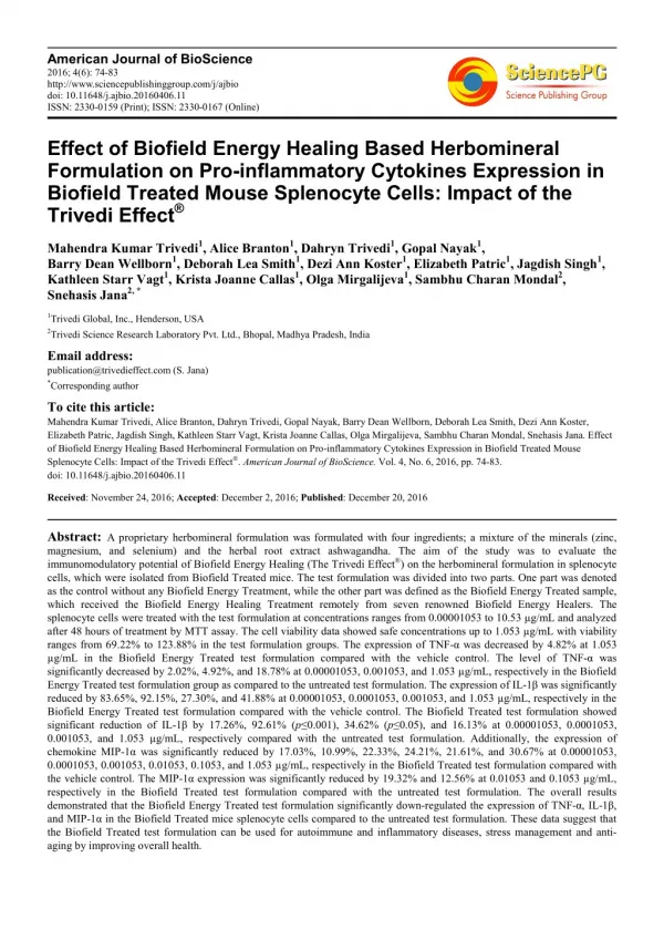 Trivedi Effect - Effect of Biofield Energy Healing Based Herbomineral Formulation on Pro-inflammatory Cytokines Expressi