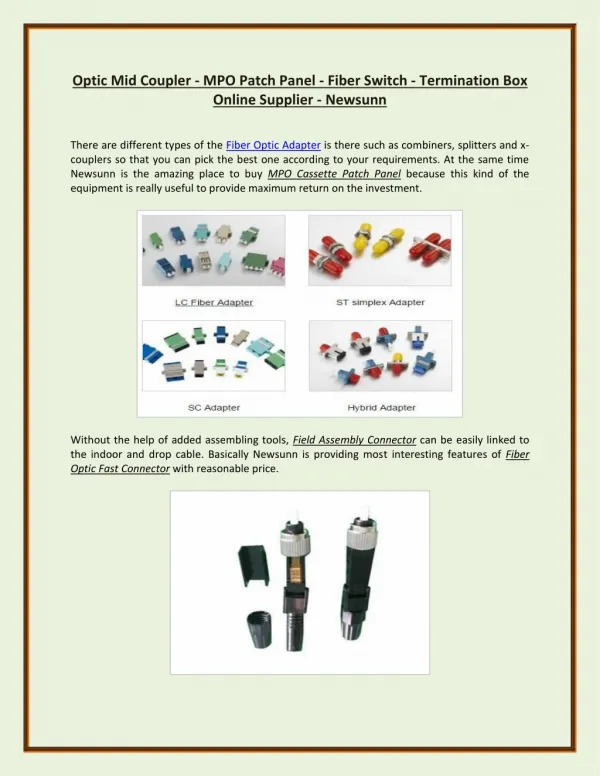 Optic Mid Coupler - MPO Patch Panel - Fiber Switch - Termination Box Online Supplier - Newsunn