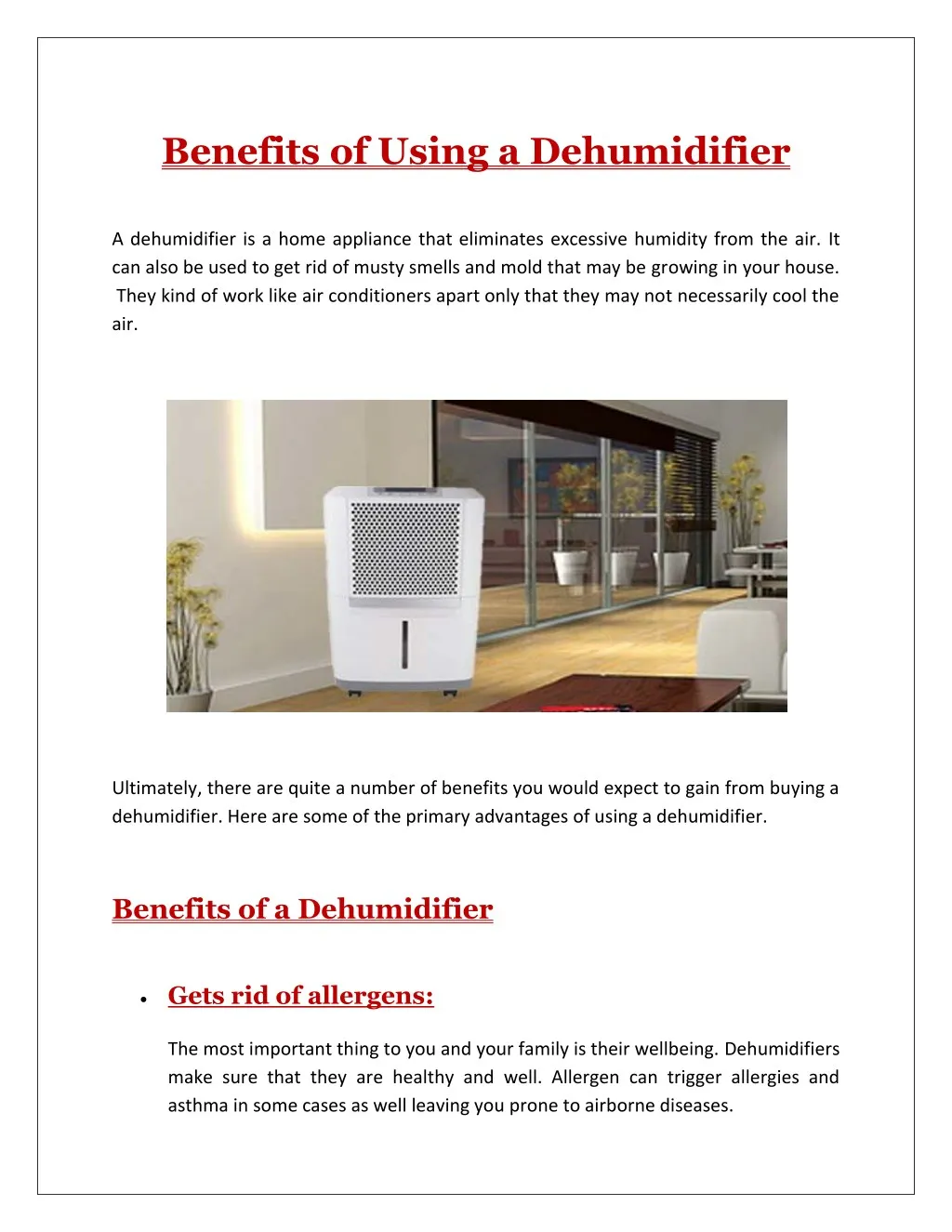 benefits of using a dehumidifier