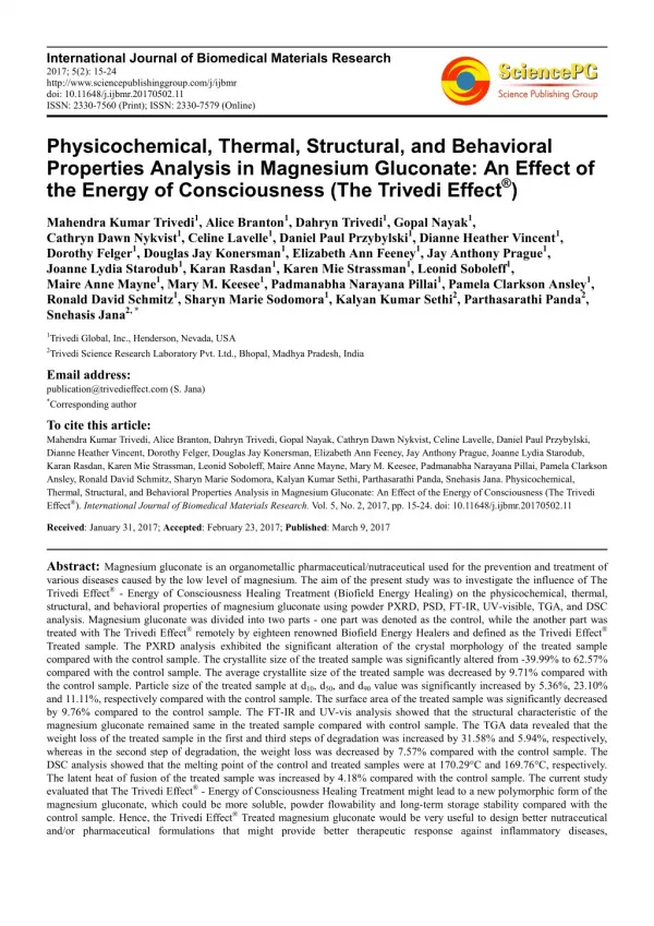 Trivedi Effect - Physicochemical, Thermal, Structural, and Behavioral Properties Analysis in Magnesium Gluconate: An Eff