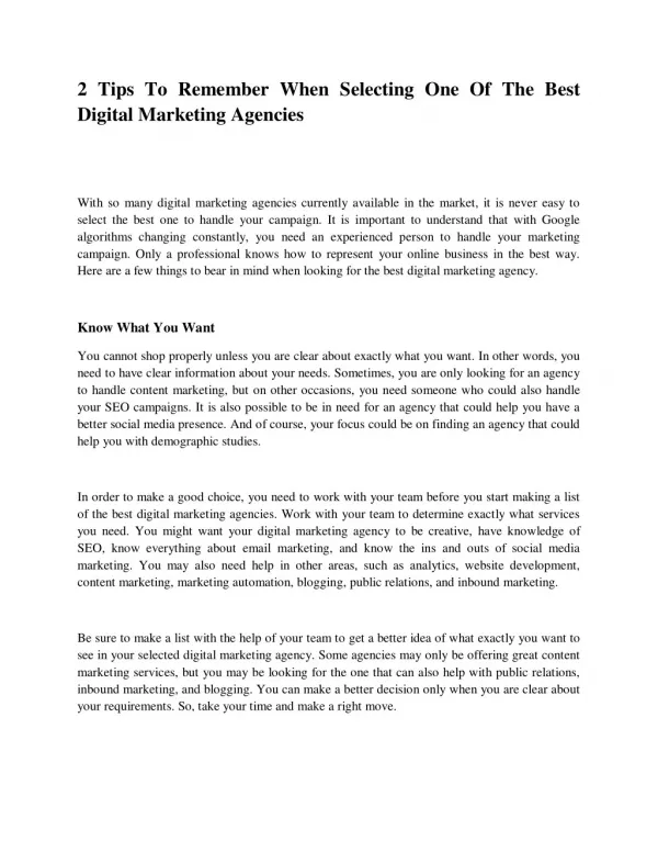 2 Tips To Remember When Selecting One Of The Best Digital Marketing Agencies