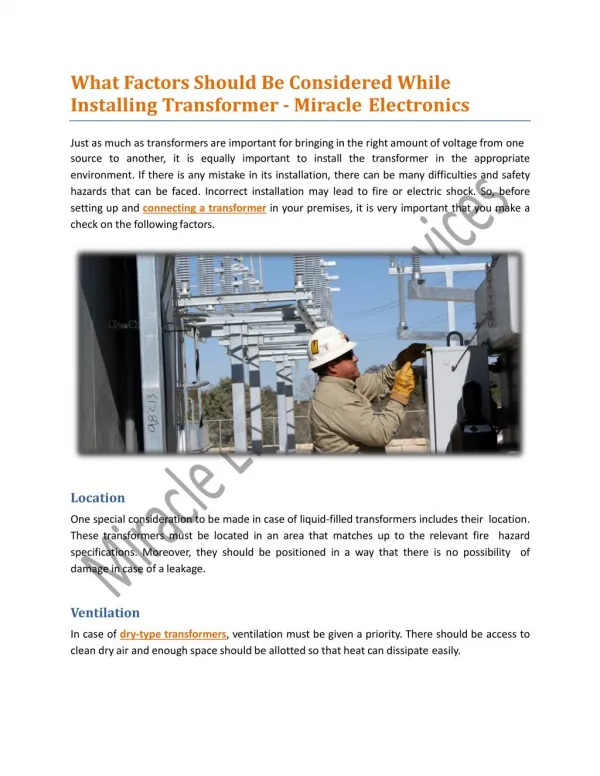 What Factors Should Be Considered While Installing A Transformer - Miracle Electronics