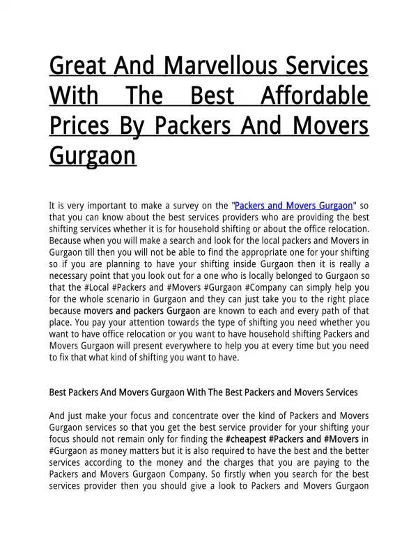 Great And Marvellous Services With The Best Affordable Prices By Packers And Movers Gurgaon