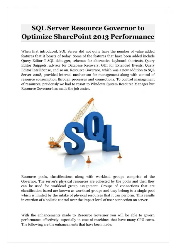 SQL Server Resource Governor to Optimize SharePoint 2013 Performance