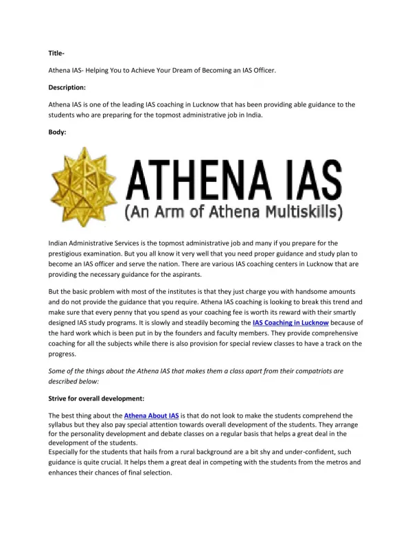 Athena IAS- Helping You to Achieve Your Dream of Becoming an IAS Officer.