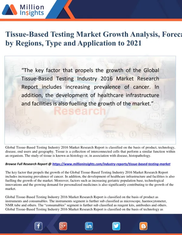 Tissue-Based Testing Market Growth Analysis, Forecast by Regions, Type and Application to 2021