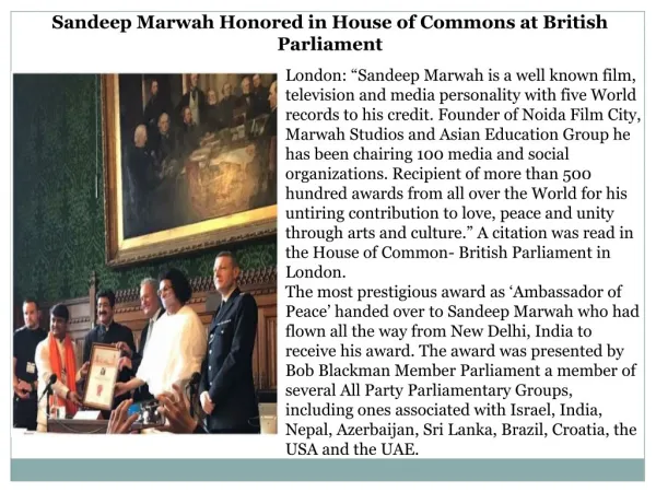 Sandeep Marwah Honored in House of Commons at British Parliament