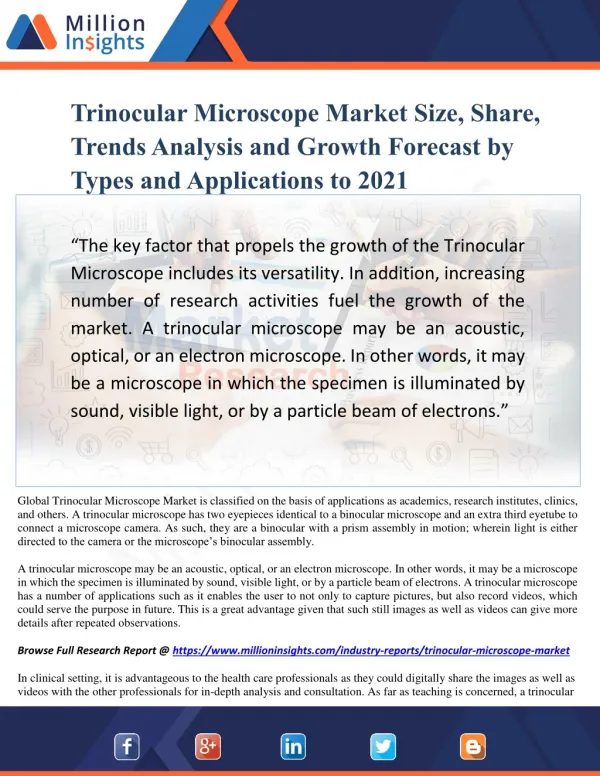 Trinocular Microscope Market Size, Share, Trends Analysis and Growth Forecast by Types and Applications to 2021