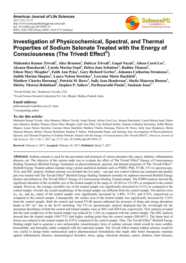 Trivedi Effect - Investigation of Physicochemical, Spectral, and Thermal Properties of Sodium Selenate Treated with the