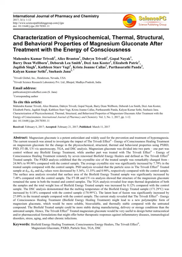 Trivedi Effect - Characterization of Physicochemical, Thermal, Structural, and Behavioral Properties of Magnesium Glucon