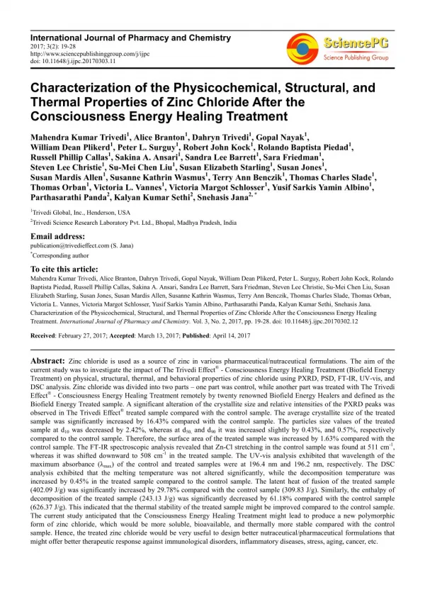 Trivedi Effect - Characterization of the Physicochemical, Structural, and Thermal Properties of Zinc Chloride After the