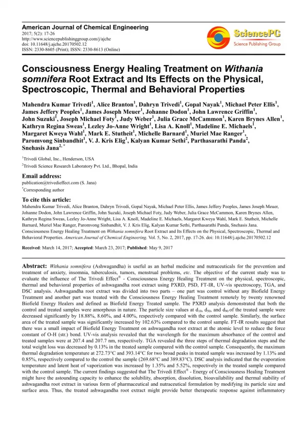 Trivedi Effect - Consciousness Energy Healing Treatment on Withania somnifera Root Extract and Its Effects on the Physic