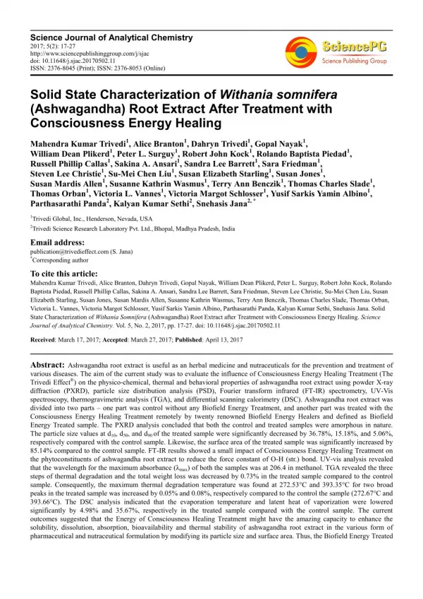 Trivedi Effect - Solid State Characterization of Withania somnifera (Ashwagandha) Root Extract After Treatment with Cons