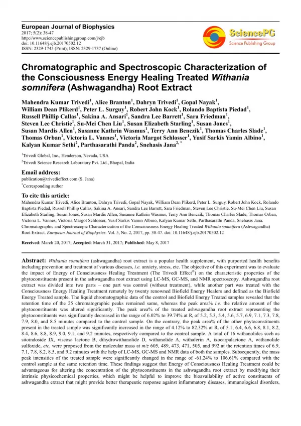 Trivedi Effect - Chromatographic and Spectroscopic Characterization of the Consciousness Energy Healing Treated Withania