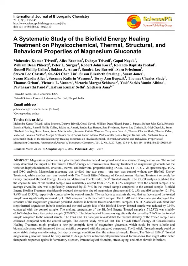 Trivedi Effect - A Systematic Study of the Biofield Energy Healing Treatment on Physicochemical, Thermal, Structural, an
