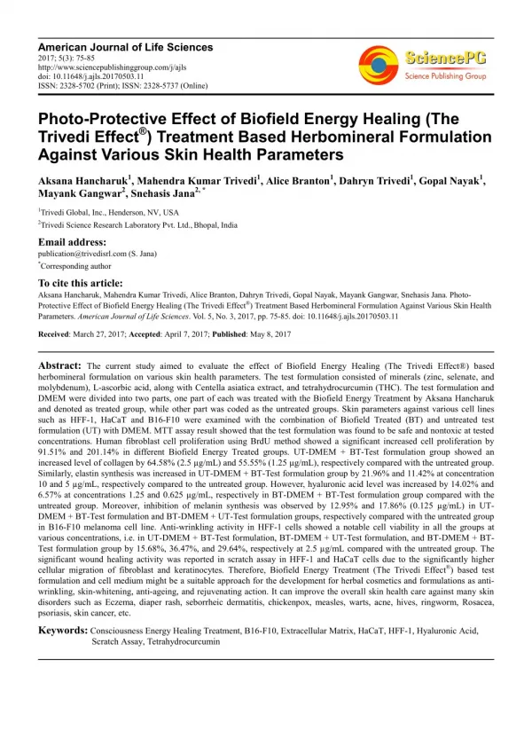 Trivedi Effect - Photo-Protective Effect of Biofield Energy Healing (The Trivedi Effect®) Treatment Based Herbomineral F