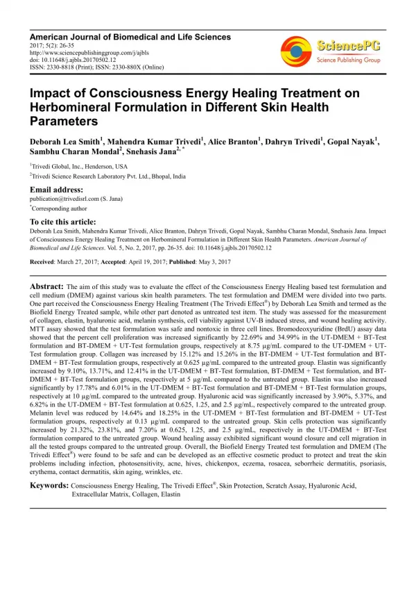 Trivedi Effect - Impact of Consciousness Energy Healing Treatment on Herbomineral Formulation in Different Skin Health P