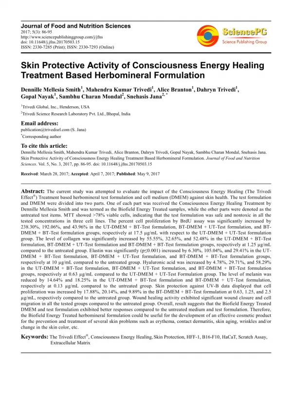 Trivedi Effect - Skin Protective Activity of Consciousness Energy Healing Treatment Based Herbomineral Formulation