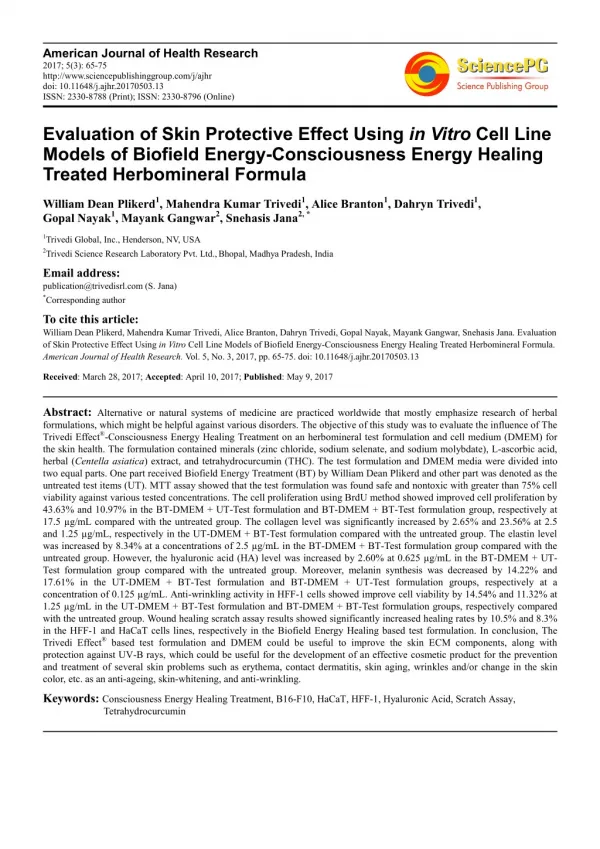 Trivedi Effect - Evaluation of Skin Protective Effect Using in Vitro Cell Line Models of Biofield Energy-Consciousness E