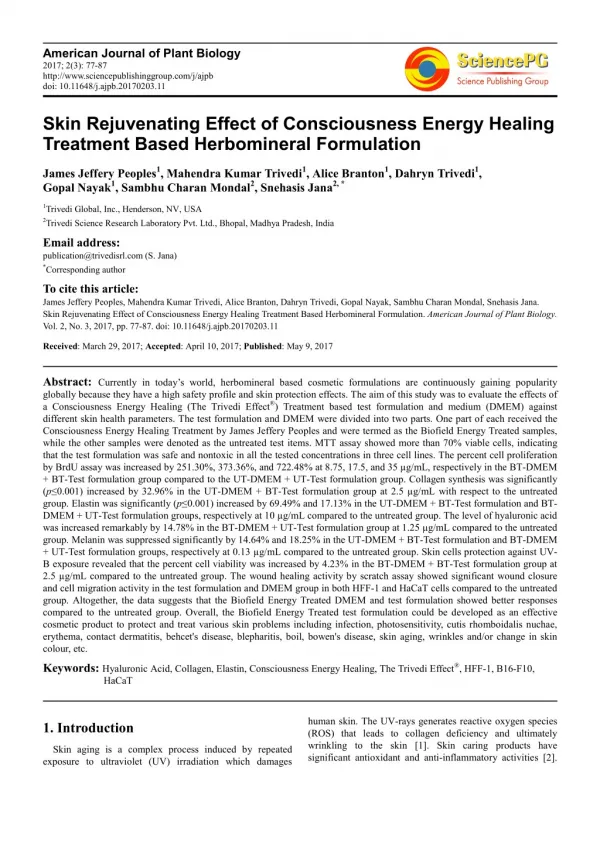 Trivedi Effect - Skin Rejuvenating Effect of Consciousness Energy Healing Treatment Based Herbomineral Formulation