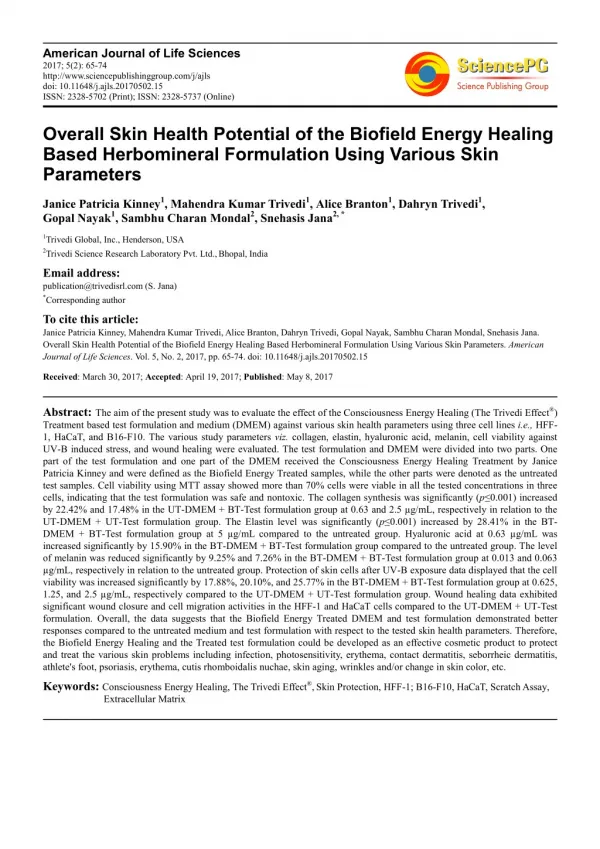 Trivedi Effect - Overall Skin Health Potential of the Biofield Energy Healing Based Herbomineral Formulation Using Vario