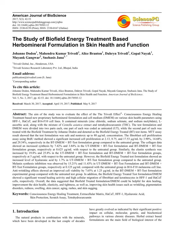 Trivedi Effect - The Study of Biofield Energy Treatment Based Herbomineral Formulation in Skin Health and Function