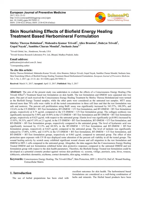 Trivedi Effect - Skin Nourishing Effects of Biofield Energy Healing Treatment Based Herbomineral Formulation