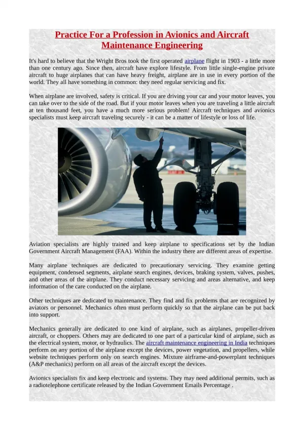 Practice For a Profession in Avionics and Aircraft Maintenance Engineering