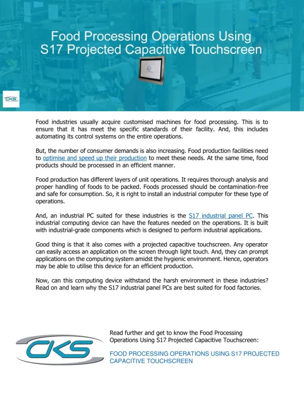 Food Processing Operations Using S17 Projected Capacitive Touchscreen