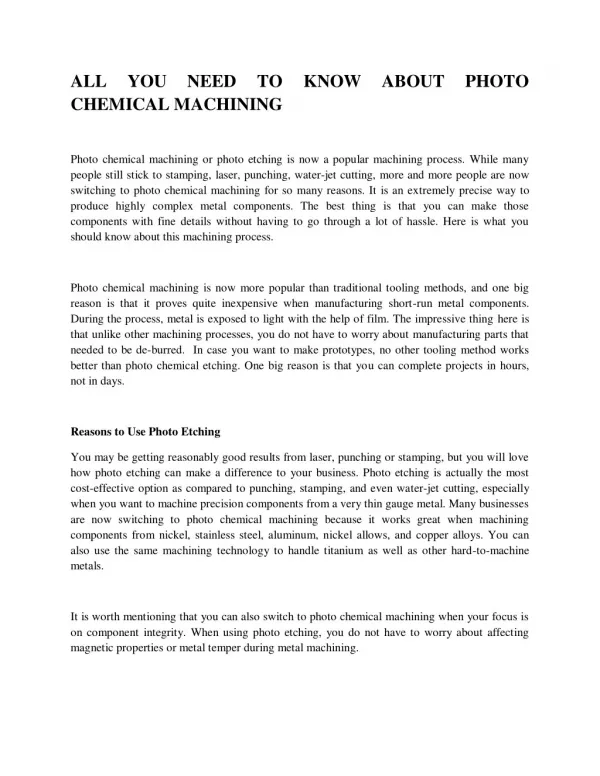 ALL YOU NEED TO KNOW ABOUT PHOTO CHEMICAL MACHINING