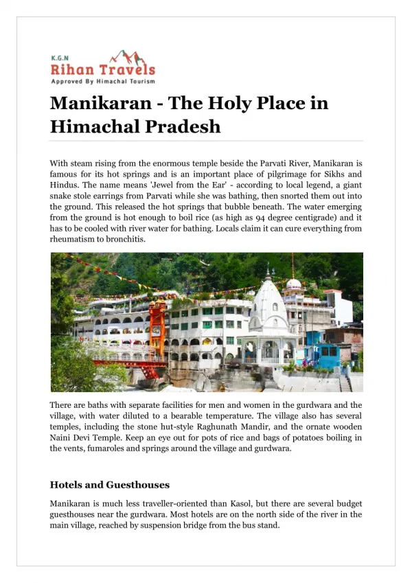 Manikaran - The Holy Place in Himachal Pradesh