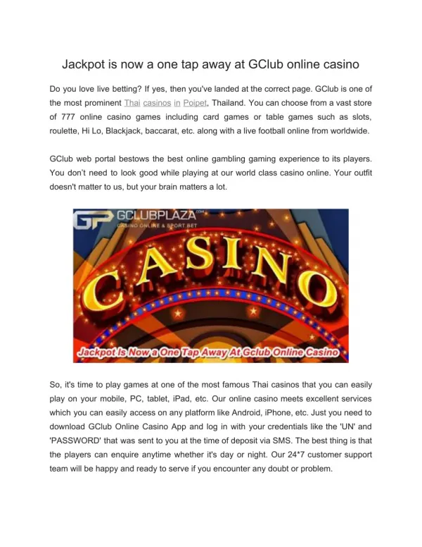 Jackpot Is Now a One Tap Away At Gclub Online Casino