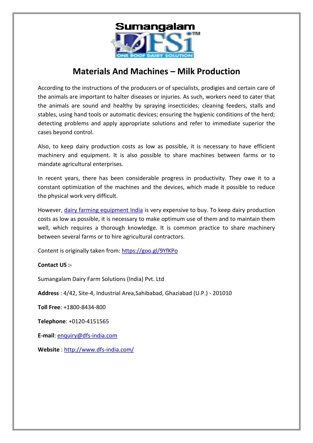 materials and machines milk production