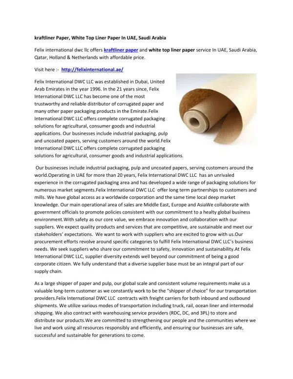 kraftliner Paper, White Top Liner Paper In UAE, Saudi Arabia