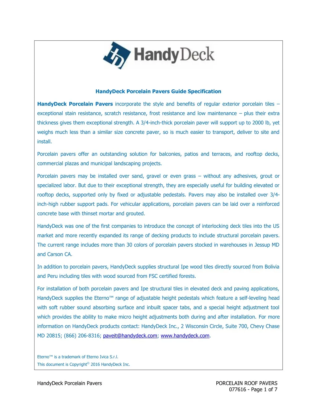 handydeck porcelain pavers guide specification