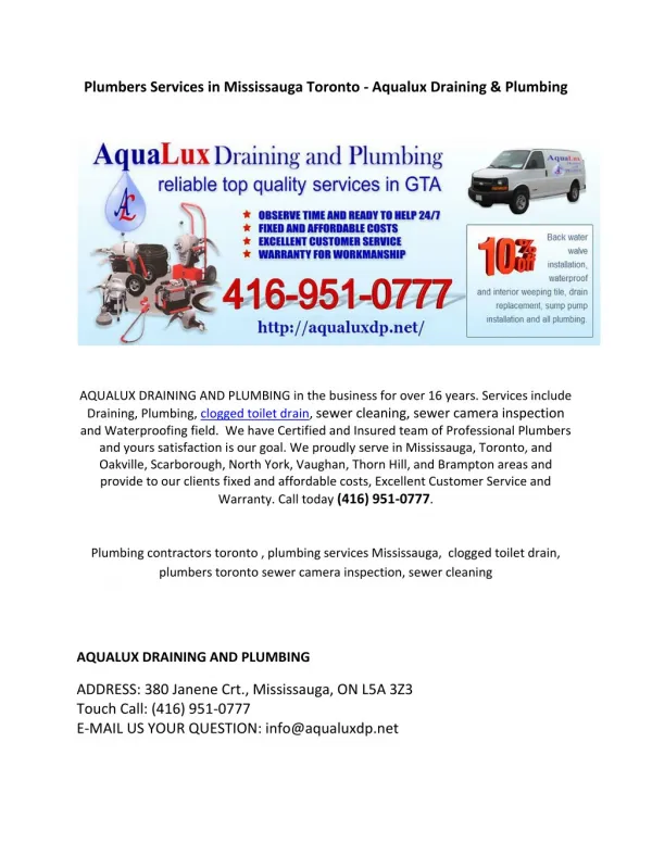 Plumbers Services in Mississauga Toronto - Aqualux Draining & Plumbing